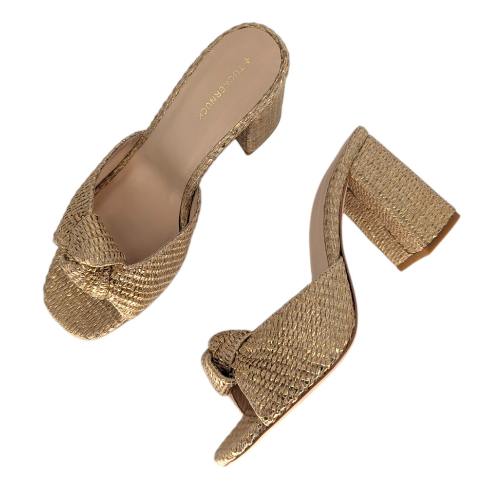 Tuckernuck Gold Raffia Knot Mule Heels Block Heel Slides Size 6 New